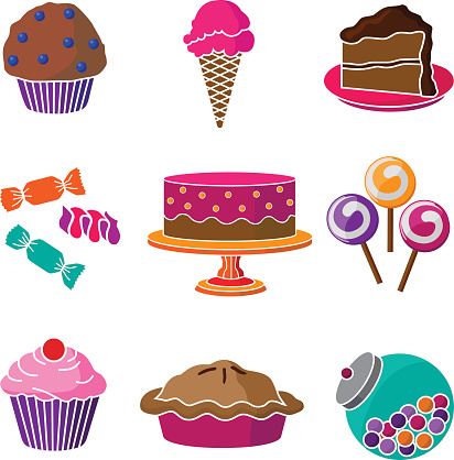 A vector illustration of various cakes and confections.