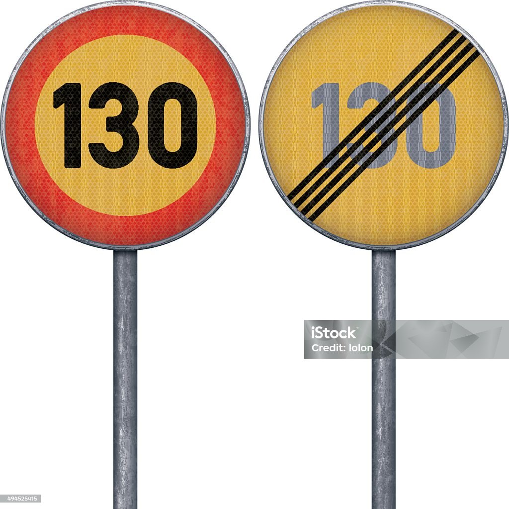 Two yellow and red maximum speed limit 130 road signs Two circular maximum speed limit 130 road signs (prohibition and end of prohibition). Retroreflective yellow circular road signs mounted on steel frame with tubular steel post. The prohibition traffic sign has a red circle and black text and the end of prohibition sign has gray text crossed by four black diagonal lines. Photorealistic vector illustration isolated on white. Layered EPS10 file with transparencies and global colors. Individual elements and textures. Related images linked below.  http://i161.photobucket.com/albums/t234/lolon5/roadsigns.jpg  Black Color stock vector