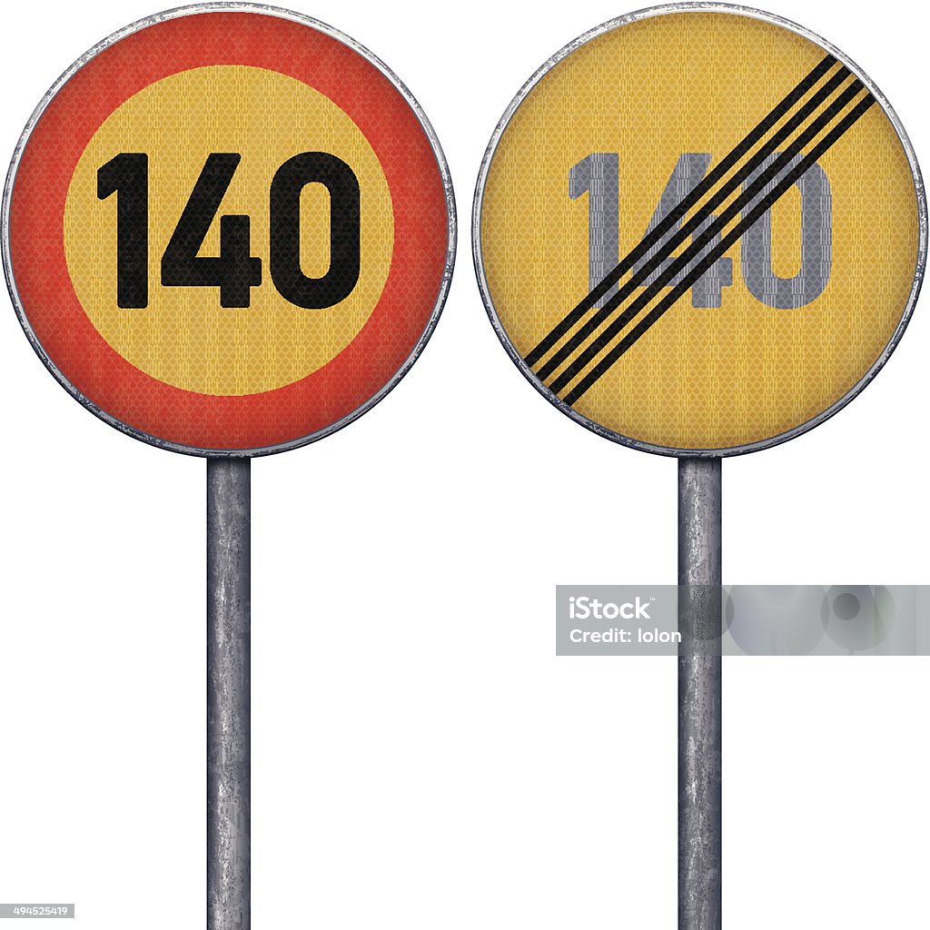 Two yellow and red maximum speed limit 140 road signs circular speed limit road signs (prohibition and end of prohibition). Layered EPS10 file with transparencies and global colors. Individual elements and textures. See also: Black Color stock vector