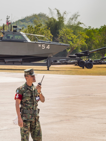 Chonburi, Thailand - January 18, 2014 : Marine with field radio preparing Military Parade of Royal Thai Navy, Sattahip Naval Base, Chonburi, Thailand