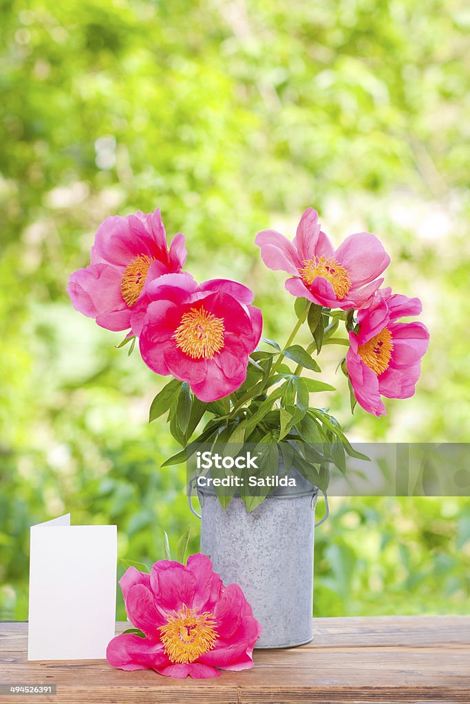 Pivoines roses dans un vase et carte vide en métal - Photo de Anniversaire d'un évènement libre de droits