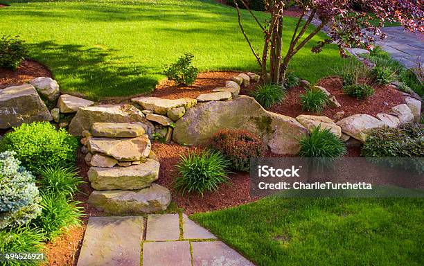 Well Landscaped Rock Stairs And Rock Wall Stock Photo - Download Image Now - Landscaped, Yard - Grounds, Landscape - Scenery