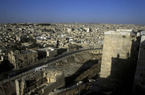 The citadel in the old city of Aleppo in the north of Syria in the Middle East.