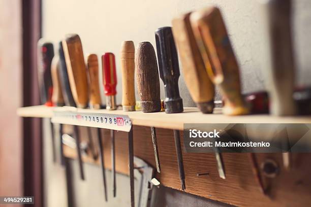 Old Woodworking Tools On Wall Retro Tinted Stock Photo - Download Image Now - Art And Craft, Auto Repair Shop, Brown