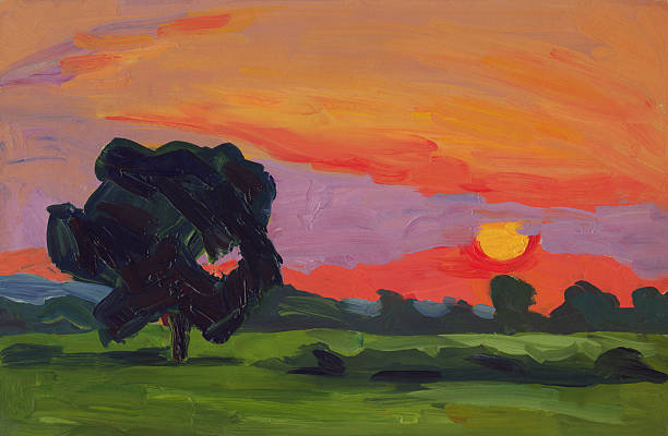 istock sun bright the sunset. Summer landscape.  Oil painting 494532360