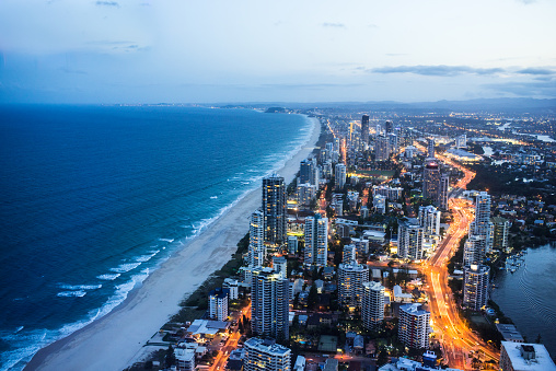 High angle shot of Gold Coast at night time