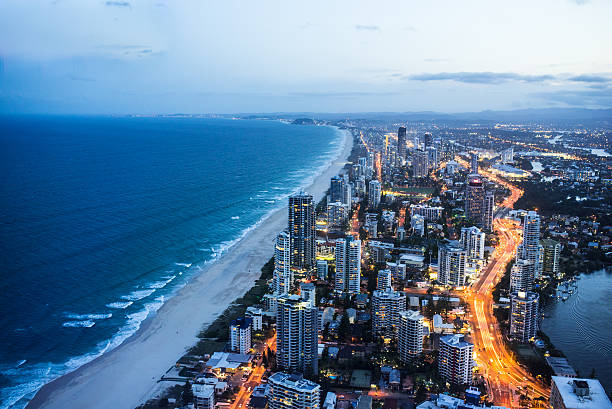 Gold Coast at night High angle shot of Gold Coast at night time queensland stock pictures, royalty-free photos & images