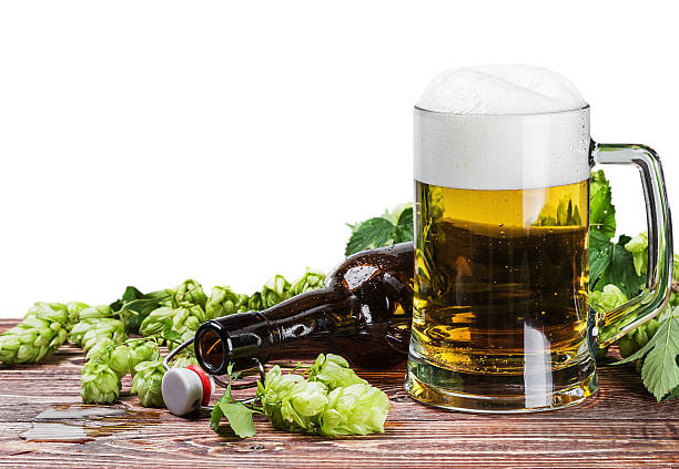 Mug with Beer with hop on wooden table