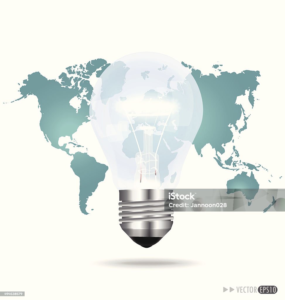 Illustration of an electric light bulb with a world map. Asia stock vector