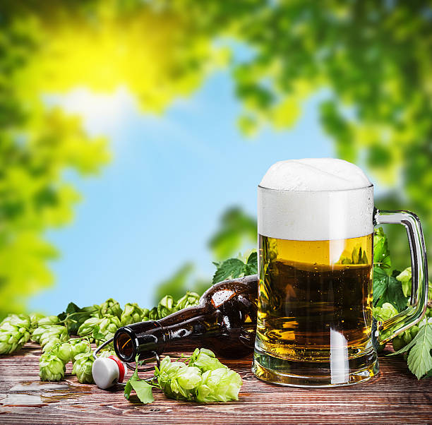 istock Mug with Beer with hop on a wooden table 494538656