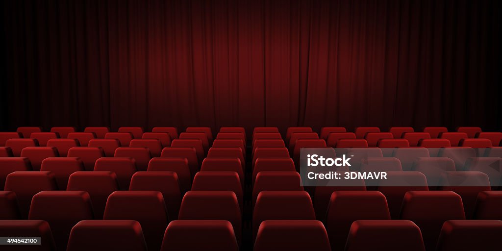 Closed theater red curtains and seats. 3d. Closed theater red curtains and seats. 3d render image. Movie Theater Stock Photo