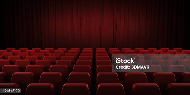 Closed Theater Red Curtains And Seats 3d Stock Photo - Download Image Now - Movie Theater, Stage Theater, Theatrical Performance