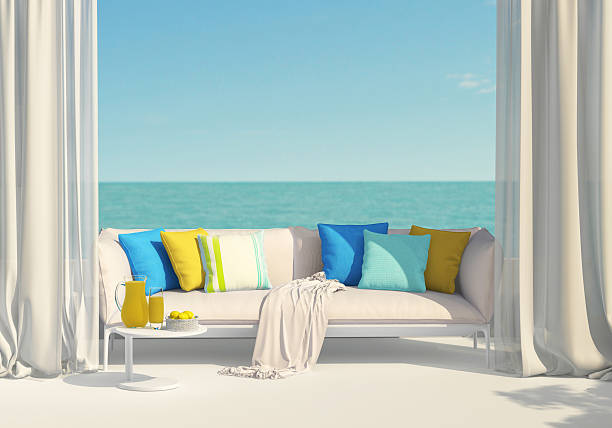 Sunny terrace overlooking the sea Sunny terrace, juice and lemons chaise longue stock pictures, royalty-free photos & images
