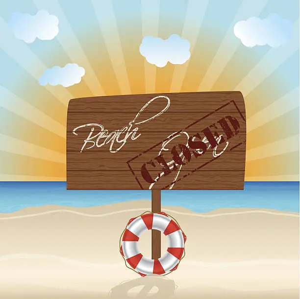 Vector illustration of Closed beach wooden sign
