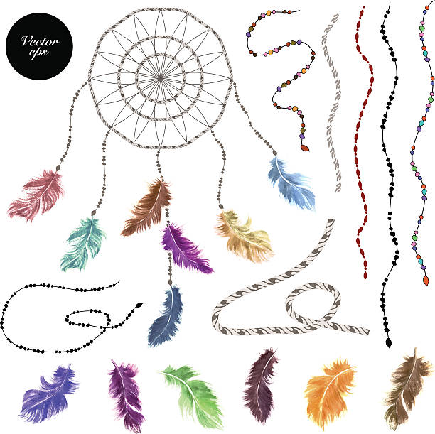 Vector watercolor feather catcher and threads decorative set Vector design set. Hand drawn watercolor feathers. Dream catcher with feathers and beads. String and stripe pattern brushes for illustrator. symbol north american tribal culture bead feather stock illustrations