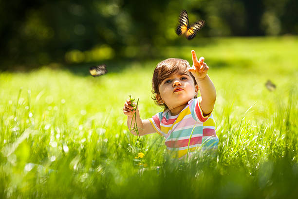 Baby girl in nature Baby girl sittin on grass and playing with butterfly. invertebrate stock pictures, royalty-free photos & images
