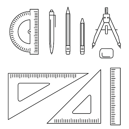 Vector line icons of drawing instrument. Thin drawing professional equipment.