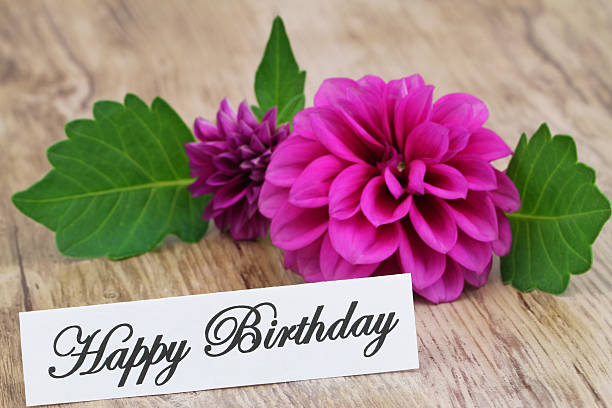 istock Happy Birthday card with purple dahlia 494545357