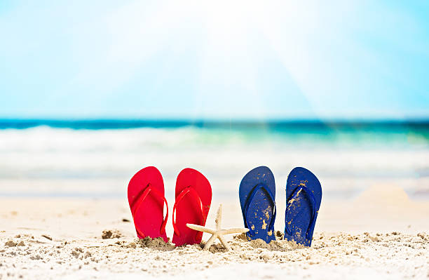 istock Vacation or honeymoon? His and Hers sandals on beach 494546144