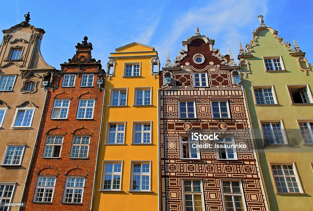 Low-angle shot of colorful tenement houses Colorful tenement houses Gdansk Stock Photo