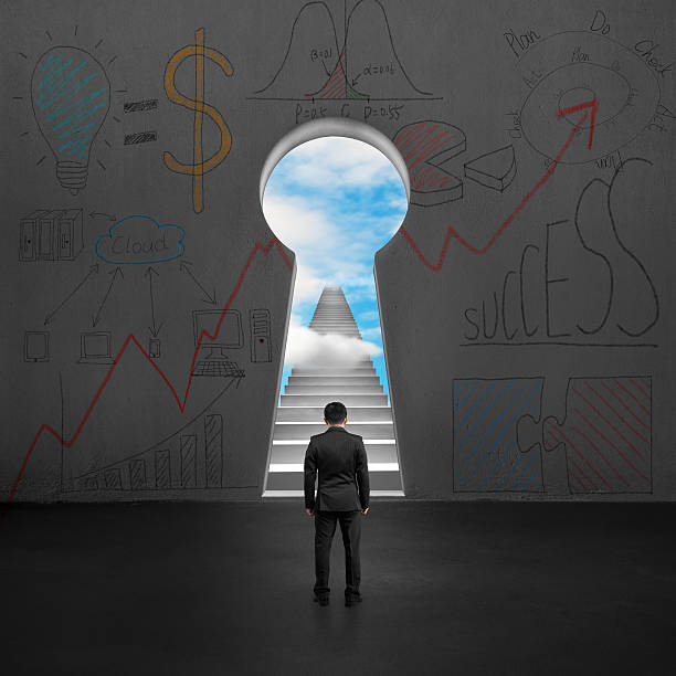 istock Looking at key shape door with stairs and sky outside 494558021