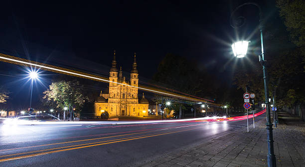 dom and traffic lights in fulda germany at night
