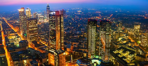 Panoramic Image of Frankfurt Main, Germany, skyline illuminated at night, elevated view, long exposure with tripod