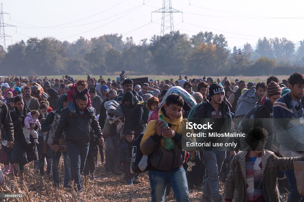 Refugees walking through fields near Rigonce Rigonce, Slovenia - October 26, 2015: Refugee group arrived from Croatia near Rigonce is transferred through the fields to the nearby refugee camp. The group of about 4.000 persons is composed mainly of syrian and iraqi families and afghan and iranian young adults. Refugee Stock Photo