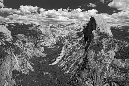 A black and white aerial view of Yosemite Half Dome