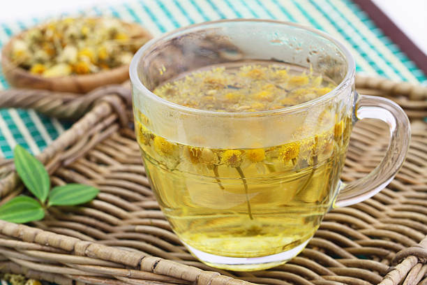 istock Chamomile tea in transparent glass on wicker tray 494560642