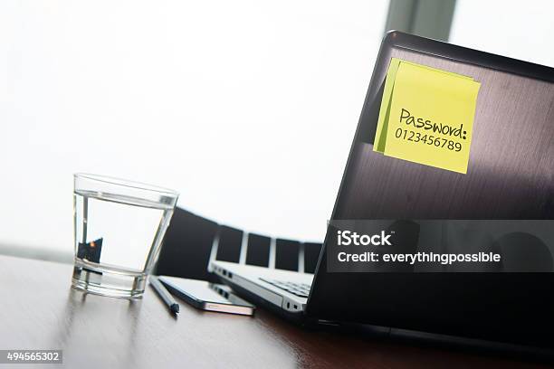 Easy Password On Sticky Note On Back Laptop Stock Photo - Download Image Now - Password, Reminder, 2015