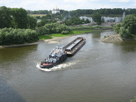 29 June 2021, Rotterdam, Netherlands, Image of pusher ship, view from the Erasmus bridge, top view