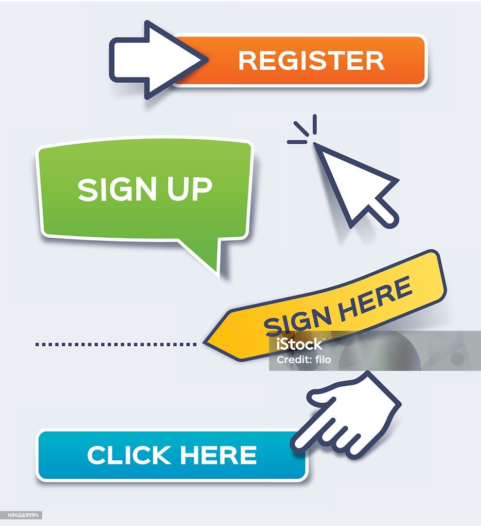 Sign and Click Here Action Buttons Sign up, sign here, click here and register action button concepts. EPS 10 file. Transparency effects used on highlight elements. Push Button stock vector