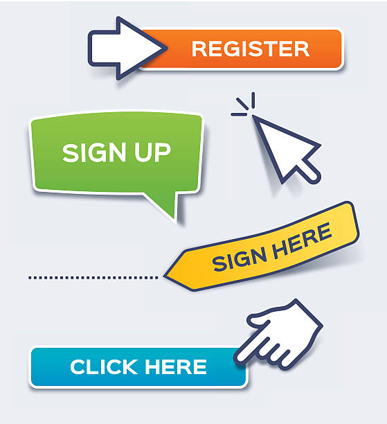 Sign and Click Here Action Buttons Sign up, sign here, click here and register action button concepts. EPS 10 file. Transparency effects used on highlight elements. register button stock illustrations
