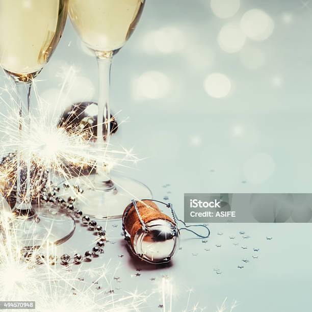 New Year With Champagne Background Stock Photo - Download Image Now - Cork - Stopper, New Year's Eve, Confetti