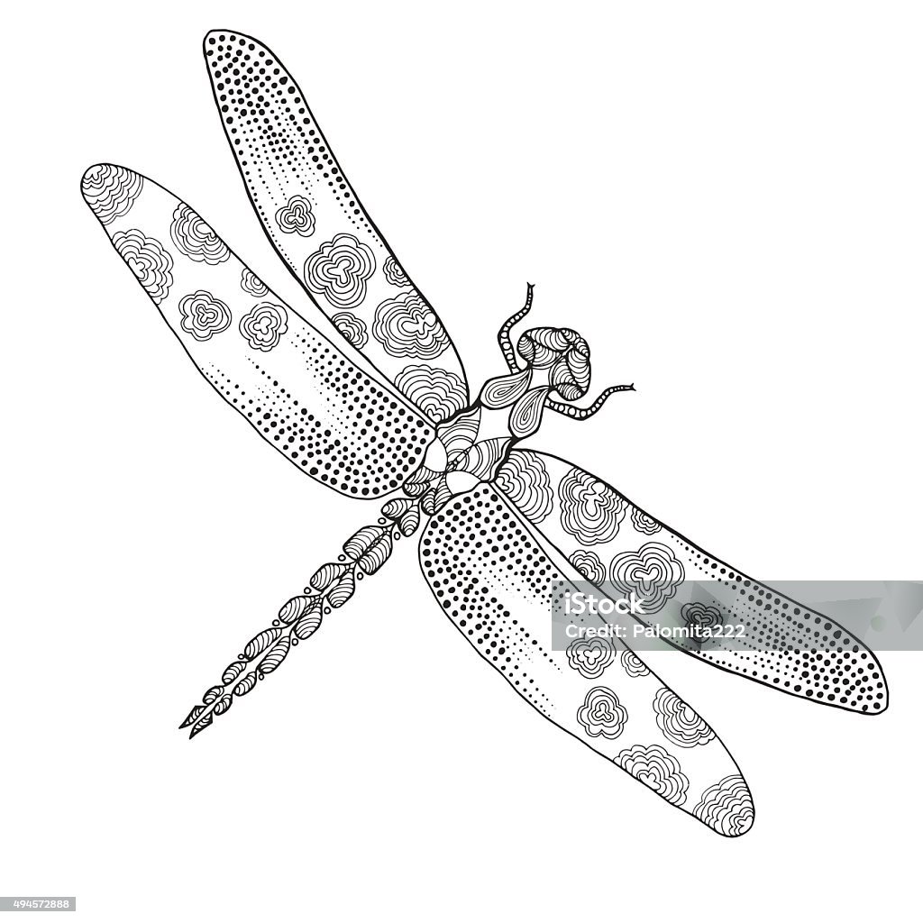 Dragonfly. Ethnic patterned vector illustration. African, indian, totem, tribal design. Sketch for adult coloring page, tattoo, posters, print or t-shirt. Dragonfly stock vector