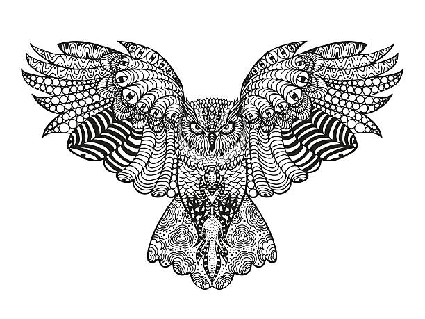 Eagle owl Birds. Black white hand drawn doodle. Ethnic patterned vector illustration. African, indian, totem, tribal, design. Sketch for avatar, adult antistress coloring page, tattoo, poster, print, t-shirt animals tattoos stock illustrations