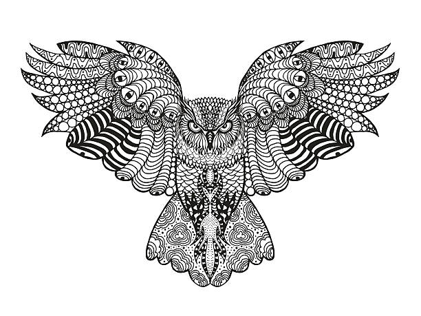Eagle owl Birds. Black white hand drawn doodle. Ethnic patterned vector illustration. African, indian, totem, tribal, design. Sketch for avatar, adult antistress coloring page, tattoo, poster, print, t-shirt totem pole face stock illustrations