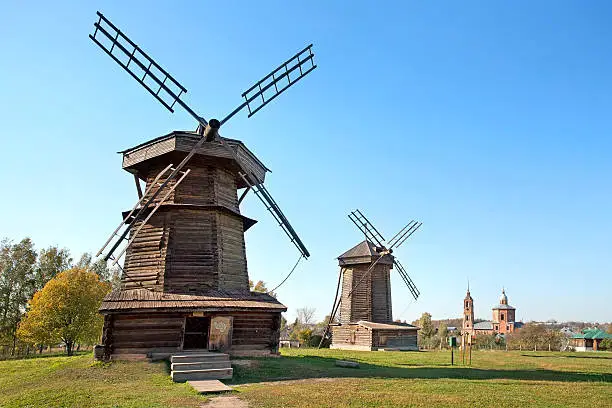Old wooden windmills in Suzdal town, Russia. Golden Ring of Russia