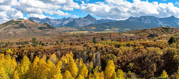 Panorama of Fall Sneffels Range Panoramic fall view of the rugged Sneffels Range, the northwest edge of the San Juan Mountains of Colorado Rockies. ridgeway stock pictures, royalty-free photos & images