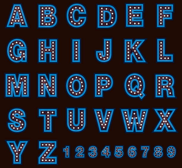 Royal blue Theatre alphabet including numbers set with lights Vector illustration Complete theatre alphabet set with lights for signboard. Use letters for poster design or invitation template, easy to edit on separate layers. Includes spot light and complete alphabet letters in uppercase on a dark background. Perfect for comedy night, entertainment, stage show, theatrical show, special improv comedy night, wedding invite, event invite. royal blue curtains stock illustrations