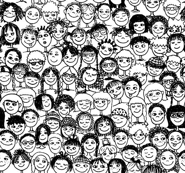 Kids seamless pattern Hand drawn seamless pattern with cute faces of children from diverse cultural / ethnic backgrounds - in black and white black and white party stock illustrations