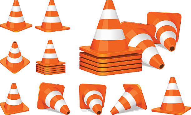 Traffic cones icon Set of orange plastic traffic cones icon. cone shape stock illustrations
