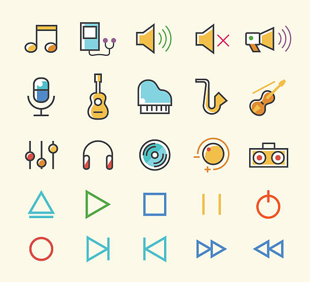 ilustrações, clipart, desenhos animados e ícones de conjunto de 25 pouco sólida de cor de linha de ícones musicais. - dvd player computer icon symbol icon set