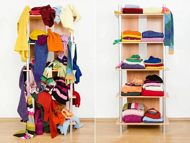 Messy colorful clothes thrown on a shelf and nicely arranged clothes in piles.