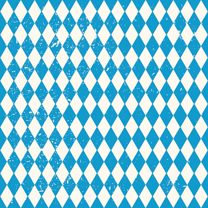 Beer Fest seamless pattern with blue and white rhombus, flag of Bavaria, vector old diamonds background with cracks and dust