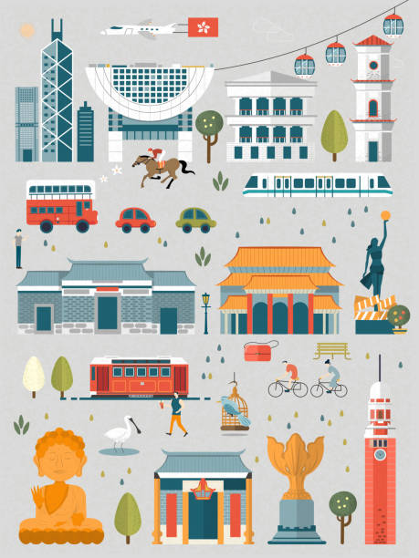 홍콩 여행 요소를 - 란타우 섬 stock illustrations