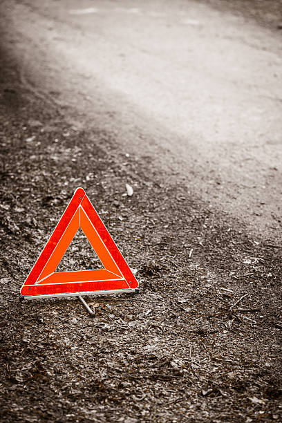 istock Breakdown of car. Red warning triangle sign on road 494606366