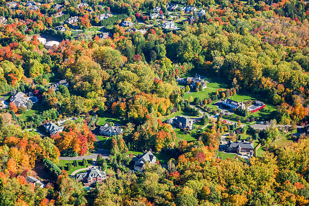 Rye Brook New York, suburban countryside, autumn foliage, aerial view Upper middle-class suburban countryside neighborhood clad in the colors of early autumn foliage. rye stock pictures, royalty-free photos & images