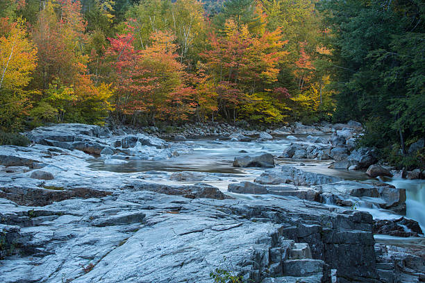 vista horizontal do rio swift em rocky gorge, new hampshire. - rapid appalachian mountains autumn water imagens e fotografias de stock